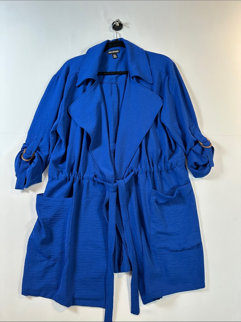 Nina Leonard Cobalt Blue Tie-Waist Trench Coat Size L